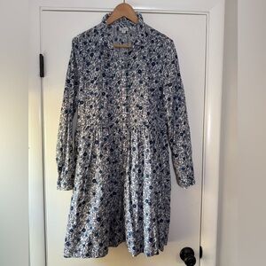 J. Crew Printed Cotton Mini Shirtdress Blue Black White Floral Cottagecore Sz 14